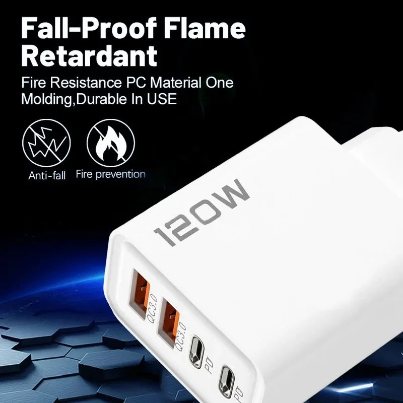 120W Type-C + USB Charging Head – Fast, Powerful and Charge 4 Devices Simultaneously!
